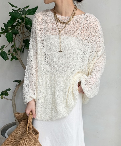 DouDou（ドゥドゥ）の「リボンヤーンプルオーバー（ニット/セーター・レディース・ライトベージュ/オフホワイト/ブルー・FREE）」の2枚目の写真