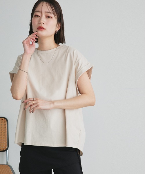 美品MORABITO BlancフレンチスリーブサイドギャザーカットソーTシャツ セール】バックギャザー フレンチスリーブ Tシャツ（Tシャツ