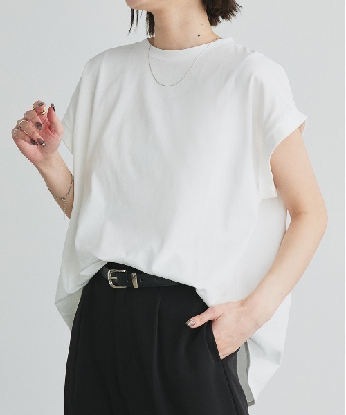 美品MORABITO BlancフレンチスリーブサイドギャザーカットソーTシャツ セール】バックギャザー フレンチスリーブ Tシャツ（Tシャツ