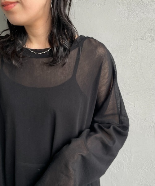 【ミズイロインド】　ブラウン　　ドット　メッシュ　ロンT mizuiro ind（ミズイロインド） メッシュ ロング スリーブ ワイドTEE