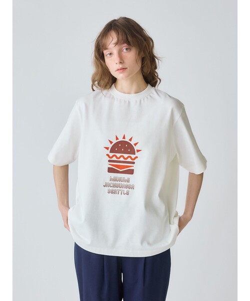 MidiUmi(ミディウミ)の「MidiUmi ハンバーガープリントTシャツ(Tシャツ/カットソー・レディース・ライトグレー/アイボリー/オフホワイト・FREE)」の1枚目の写真
