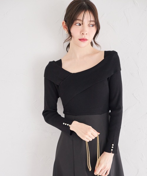 tocco closet(トッコ クローゼット)の「袖口パール付きアシメリブニットドッキングワンピース(ワンピース・レディース・ピンク/アイボリー/ブラック・M)」の19枚目の写真