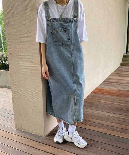 SPIGA（スピーガ）の「ﾃﾞﾆﾑｻﾛﾍﾟｯﾄｽﾘｯﾄ入りﾛﾝｸﾞｽｶｰﾄ（サロペット/オーバーオール・レディース・ブルー・SMALL/MEDIUM/LARGE/X-LARGE）」の3枚目の写真