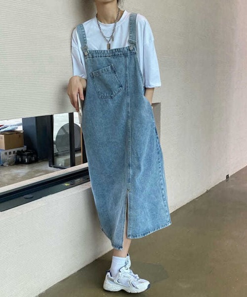 SPIGA（スピーガ）の「ﾃﾞﾆﾑｻﾛﾍﾟｯﾄｽﾘｯﾄ入りﾛﾝｸﾞｽｶｰﾄ（サロペット/オーバーオール・レディース・ブルー・SMALL/MEDIUM/LARGE/X-LARGE）」の4枚目の写真