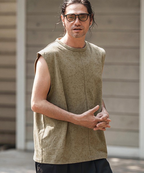 mta566- Uneven Dyed Print Sleeveless Cut sew ノースリーブ