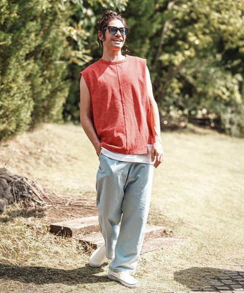 CAMBIO（カンビオ）の「mta566- Uneven Dyed Print Sleeveless Cut sew ノースリーブカットソー（タンクトップ・メンズ・ブラック/レッド/カーキ・M/L）」の13枚目の写真