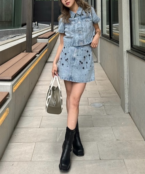 rienda（リエンダ）の「MIXフラワービジュージャストウエストデニムスカート　春服（デニムスカート・レディース・ライトブルー/ブルー・SMALL/MEDIUM/X-SMALL）」の10枚目の写真