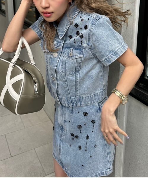 rienda（リエンダ）の「MIXフラワービジュージャストウエストデニムスカート　春服（デニムスカート・レディース・ライトブルー/ブルー・SMALL/MEDIUM/X-SMALL）」の9枚目の写真