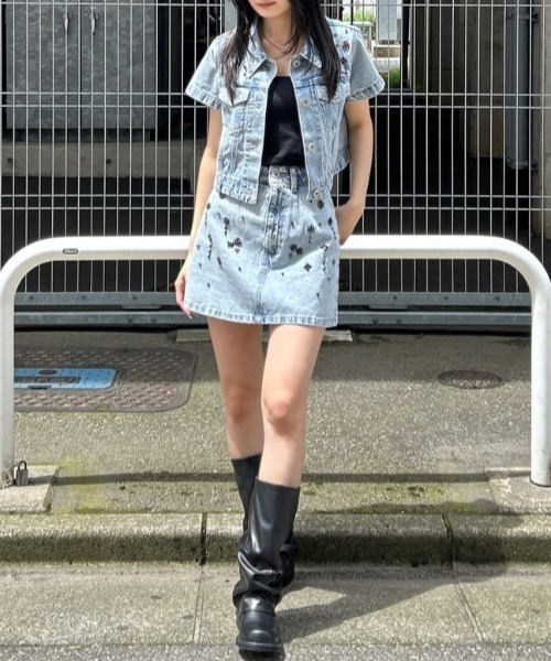 rienda（リエンダ）の「MIXフラワービジュージャストウエストデニムスカート　春服（デニムスカート・レディース・ライトブルー/ブルー・SMALL/MEDIUM/X-SMALL）」の8枚目の写真