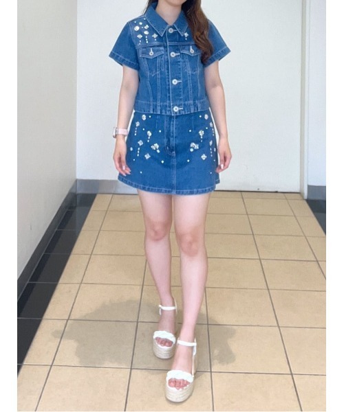 rienda（リエンダ）の「MIXフラワービジュージャストウエストデニムスカート　春服（デニムスカート・レディース・ライトブルー/ブルー・SMALL/MEDIUM/X-SMALL）」の11枚目の写真