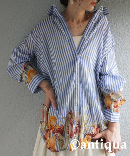 antiqua(アンティカ)の「花柄ストライプシャツ(シャツ/ブラウス・レディース・ホワイト系その他・ONESIZE)」の1枚目の写真