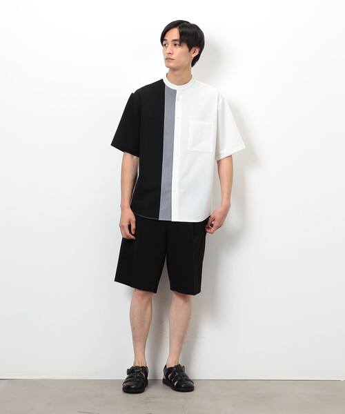 COMME CA ISM（コムサイズム）の「ウールライク バンドカラー ブロッキング半袖シャツ（シャツ/ブラウス・メンズ・ホワイト/ブラック・MEDIUM/LARGE）」の3枚目の写真