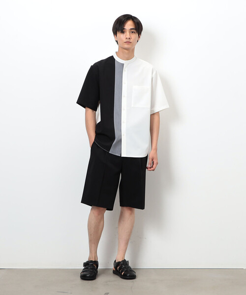 COMME CA ISM（コムサイズム）の「ウールライク バンドカラー ブロッキング半袖シャツ（シャツ/ブラウス・メンズ・ホワイト/ブラック・MEDIUM/LARGE）」の4枚目の写真