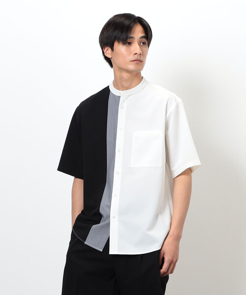 COMME CA ISM（コムサイズム）の「ウールライク バンドカラー ブロッキング半袖シャツ（シャツ/ブラウス・メンズ・ホワイト/ブラック・MEDIUM/LARGE）」の5枚目の写真