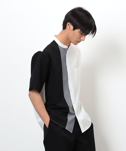 COMME CA ISM（コムサイズム）の「ウールライク バンドカラー ブロッキング半袖シャツ（シャツ/ブラウス・メンズ・ホワイト/ブラック・MEDIUM/LARGE）」の6枚目の写真