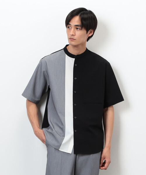 COMME CA ISM（コムサイズム）の「ウールライク バンドカラー ブロッキング半袖シャツ（シャツ/ブラウス・メンズ・ホワイト/ブラック・MEDIUM/LARGE）」の8枚目の写真