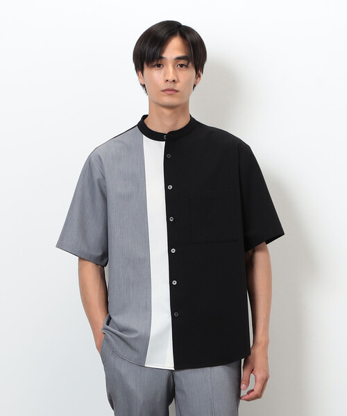 COMME CA ISM（コムサイズム）の「ウールライク バンドカラー ブロッキング半袖シャツ（シャツ/ブラウス・メンズ・ホワイト/ブラック・MEDIUM/LARGE）」の9枚目の写真