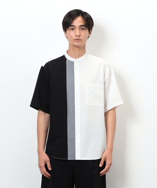 COMME CA ISM（コムサイズム）の「ウールライク バンドカラー ブロッキング半袖シャツ（シャツ/ブラウス・メンズ・ホワイト/ブラック・MEDIUM/LARGE）」の10枚目の写真