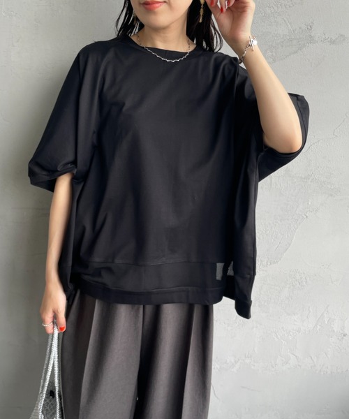 ミズイロインドTシャツ mizuiro ind/ミズイロインド] メッシュミックス ワイドTシャツ