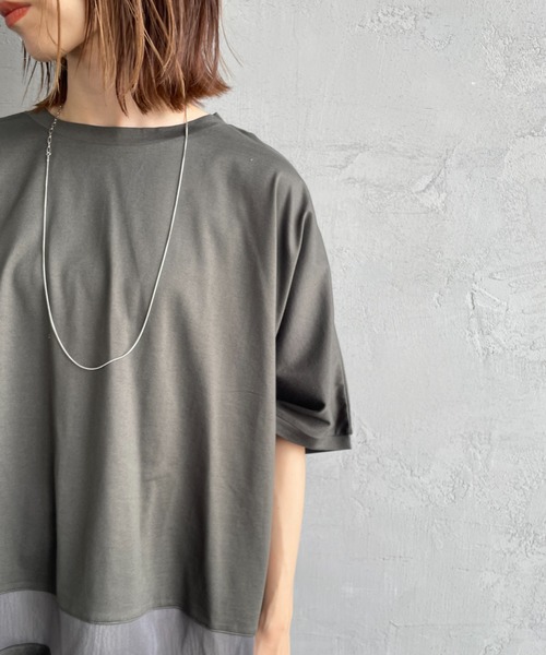 mizuiro ind/ミズイロインド] メッシュミックス ワイドTシャツ