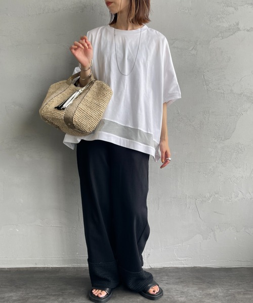 ミズイロインドTシャツ mizuiro ind/ミズイロインド] メッシュミックス ワイドTシャツ