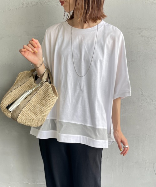 mizuiroind（ミズイロインド）の「[mizuiro ind/ミズイロインド] メッシュミックス ワイドTシャツ（Tシャツ/カットソー・レディース・ダークグレー/ブラック/オフホワイト・F）」の8枚目の写真