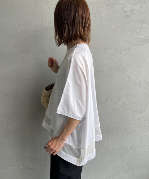 mizuiroind（ミズイロインド）の「[mizuiro ind/ミズイロインド] メッシュミックス ワイドTシャツ（Tシャツ/カットソー・レディース・ダークグレー/ブラック/オフホワイト・F）」の9枚目の写真