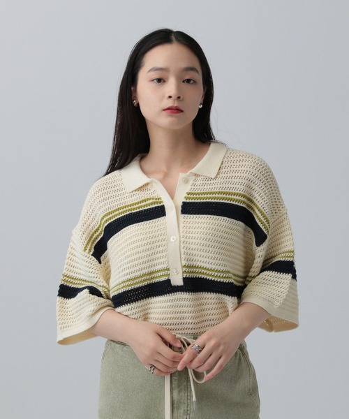 ロク　6 メッシュシャツニット　水色　ライトブルー　7分袖 6（ロク）の「＜6(ROKU)＞MESH SHIRT KNIT/ニット（ニット