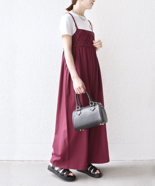 bon_meur(ボンミュール)の「bon_meur:〈手洗い可能〉ロープ編み コットン ワイド ギャザー サロペット(サロペット/オーバーオール・レディース・ワイン/オフホワイト・ONE SIZE)」の11枚目の写真