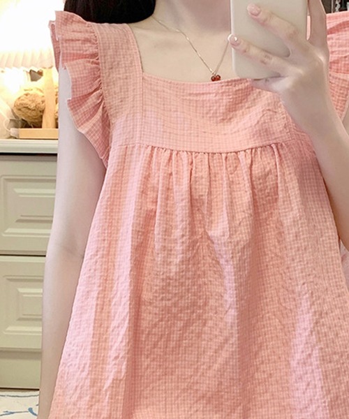 DAY CLOSET(デイ クローゼット)の「レディース 肩フリルチュニック風トップス+ショートパンツ ルームウェア上下2点セット(ルームウェア/パジャマ・レディース・ライトブルー/ブラック/マスタード/ピンク・L/M)」の9枚目の写真