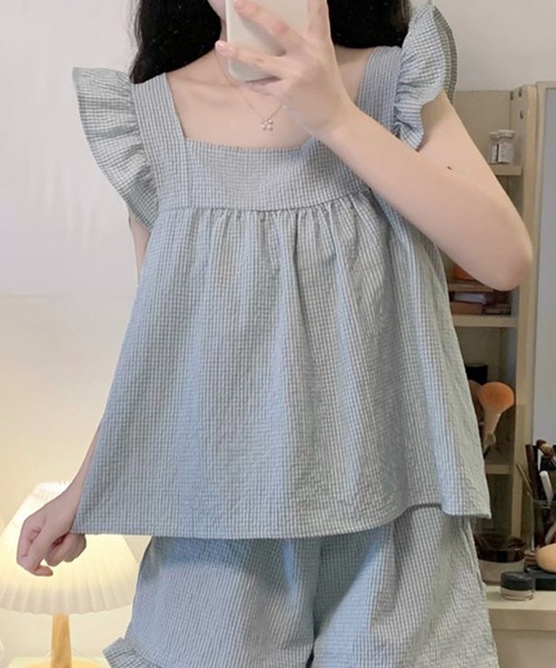 DAY CLOSET(デイ クローゼット)の「レディース 肩フリルチュニック風トップス+ショートパンツ ルームウェア上下2点セット(ルームウェア/パジャマ・レディース・ライトブルー/ブラック/マスタード/ピンク・L/M)」の11枚目の写真