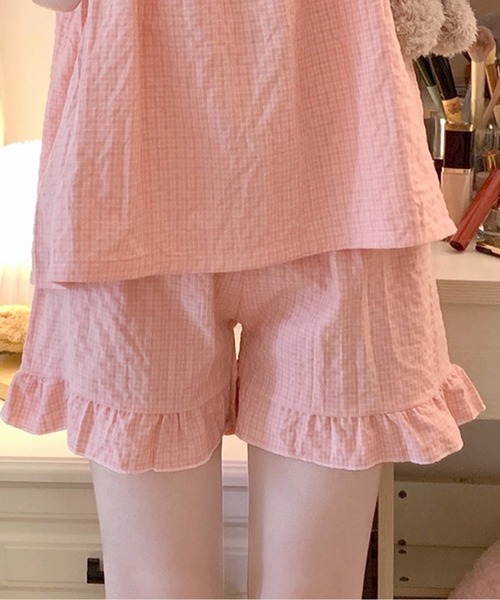 DAY CLOSET(デイ クローゼット)の「レディース 肩フリルチュニック風トップス+ショートパンツ ルームウェア上下2点セット(ルームウェア/パジャマ・レディース・ライトブルー/ブラック/マスタード/ピンク・L/M)」の12枚目の写真