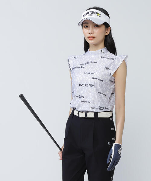 パーリーゲイツ PEARLY GATES 0(S) Tシャツ ヒョウ柄　トップス PEARLY GATES】トリコット4WAYブロックジャガードフリル袖モック