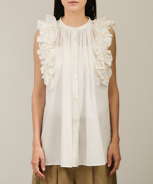 クリンクルクリンクルクリンクル フリル付きホワイト半袖シャツ crinkle crinkle crinkle】別注side frill no sleeve blouse