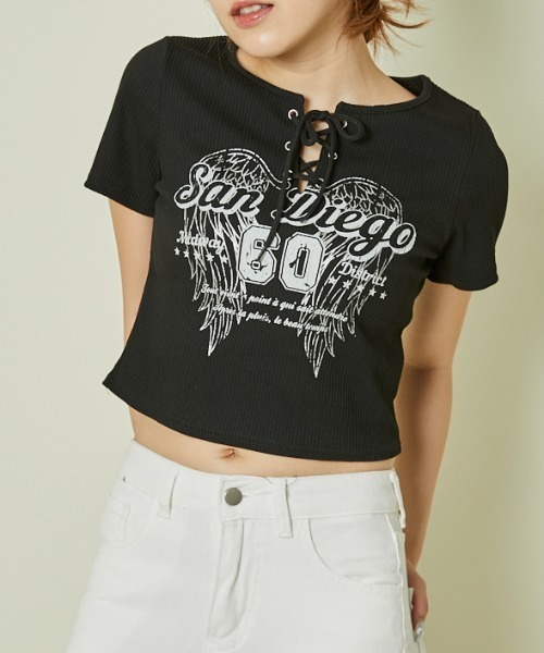 tシャツ テレコデザイントップス レディース セール】《レースアップ×クロップ丈》エモかわテレコトップス（T