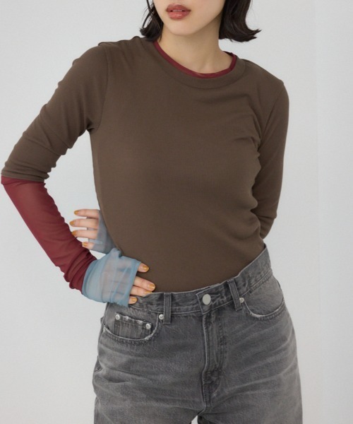 PLUS（プラス）の「【PLUS】シアードッキングトップス（Tシャツ/カットソー・レディース・ブラウン/アイボリー/ブラック/グレー・FREE）」の4枚目の写真