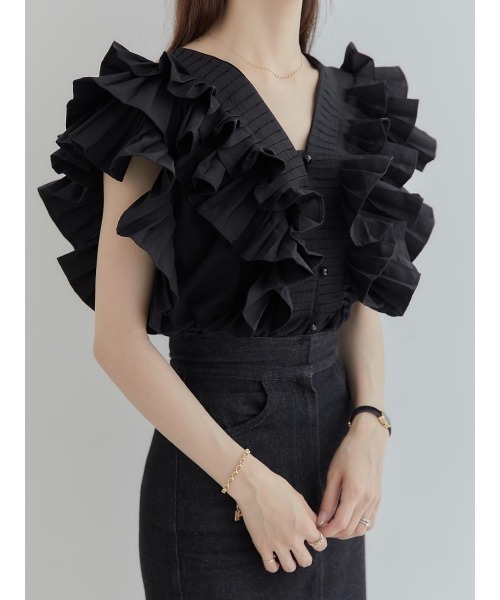amel（エイメル）の「ラッフルフリルパフブラウス/ブラック（シャツ/ブラウス・レディース・ブラック・FREE）」の8枚目の写真