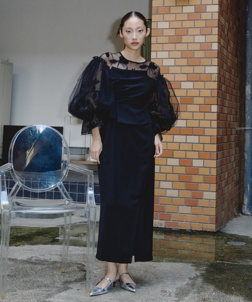 ANDRÉSD フロッキーパーティードレス　ネイビー L ドレープビスチェフロッキードレス / draped bustier flocky