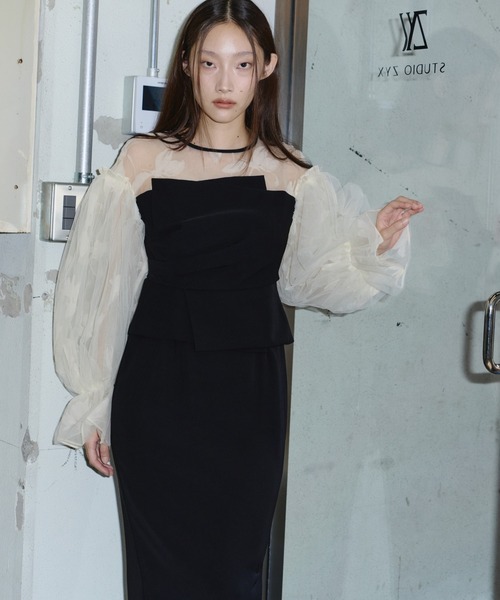 ANDRESD(アンドレスド)の「ドレープビスチェフロッキードレス / draped bustier flocky dress(ドレス・レディース・ライトグリーン/ブラック/ベージュ×ブラック/ブラウン系その他・S/L/M)」の18枚目の写真