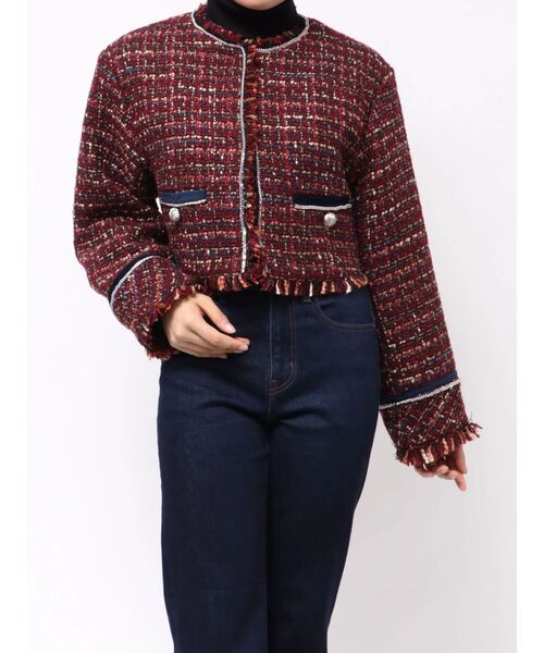 jouetie（ジュエティ）の「【PosTokyo】ノーカラーツイードジャケット（ノーカラージャケット・レディース・ブラック/ボルドー・MEDIUM）」の12枚目の写真
