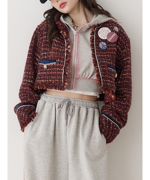 jouetie（ジュエティ）の「【PosTokyo】ノーカラーツイードジャケット（ノーカラージャケット・レディース・ブラック/ボルドー・MEDIUM）」の2枚目の写真