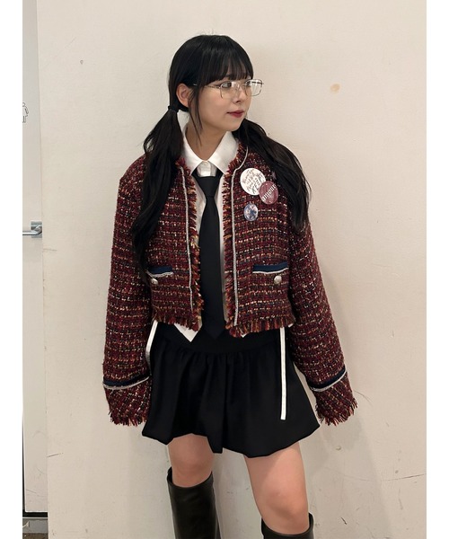 jouetie（ジュエティ）の「【PosTokyo】ノーカラーツイードジャケット（ノーカラージャケット・レディース・ブラック/ボルドー・MEDIUM）」の5枚目の写真