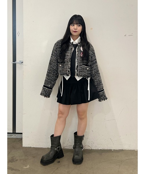 jouetie（ジュエティ）の「【PosTokyo】ノーカラーツイードジャケット（ノーカラージャケット・レディース・ブラック/ボルドー・MEDIUM）」の4枚目の写真