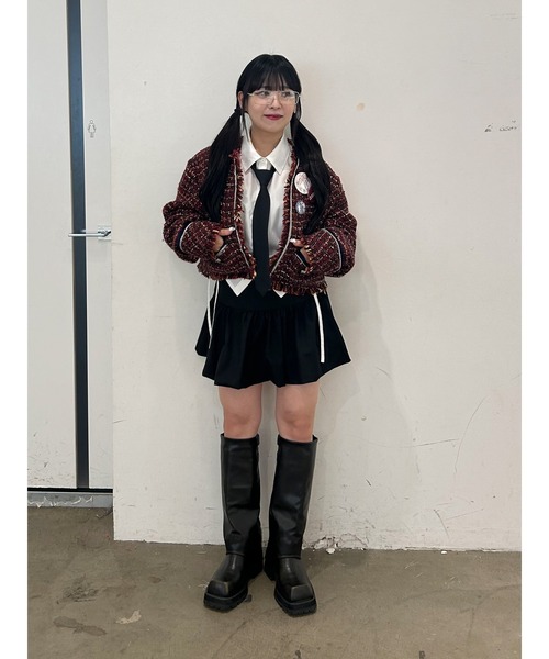 jouetie（ジュエティ）の「【PosTokyo】ノーカラーツイードジャケット（ノーカラージャケット・レディース・ブラック/ボルドー・MEDIUM）」の6枚目の写真