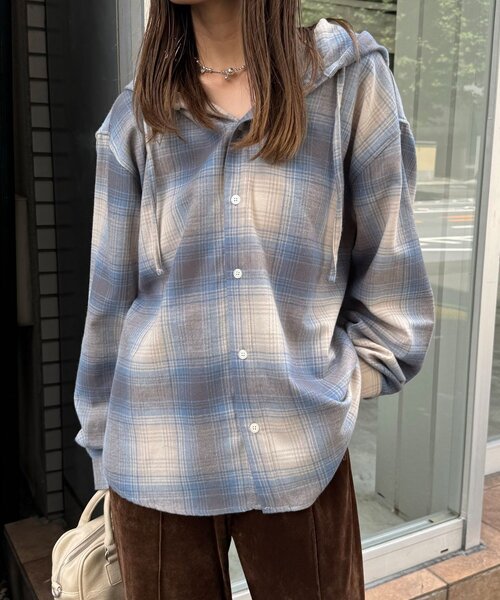 CIAOPANIC(チャオパニック)の「フード付きアソートチェックシャツ / パーカー(シャツ/ブラウス・レディース・グリーン/サックスブルー/ブラウン/ネイビー/ベージュ/ブラック・LARGE/MEDIUM)」の17枚目の写真