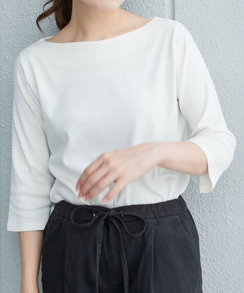 MARAI(マーライ)の「ボートネック七分袖カットソー コットン こなれ感(Tシャツ/カットソー・レディース・ホワイト/カーキ/ブラック/チャコールグレー/杢グレー・4L/3L/L/LL/M)」の2枚目の写真