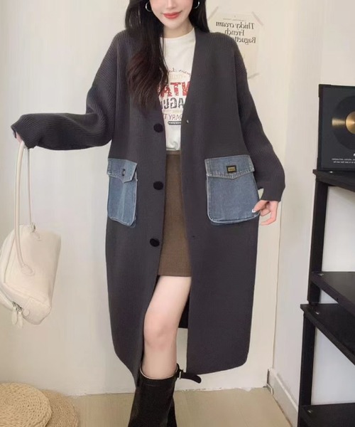2ly2(トゥーリートゥー)の「デニムポケット付きロングカーディガン(その他アウター・レディース・ブラック/アイボリー/グレー・FREE)」の4枚目の写真