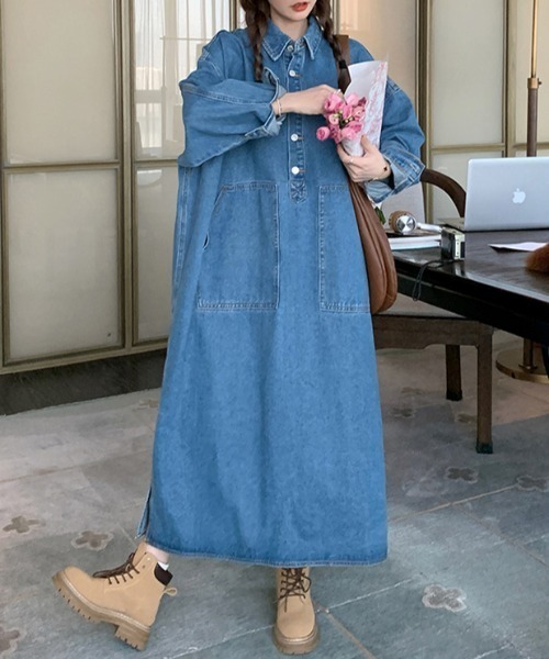セール】サイドスリットオーバーサイズデニムワンピース（ワンピース