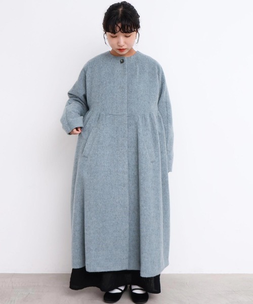ヘリンボーンウール ドルマンギャザーコート（ノーカラーコート）｜l