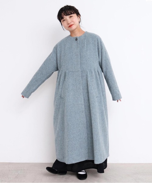 _ヘリンボーンウール ドルマンギャザーコート（ノーカラーコート）｜l